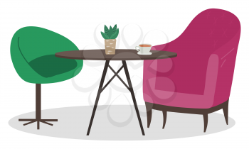 Cafe table and chairs in coffee shop. Coffeehouse interior design isolated wooden desk with plant and served cup of coffee. Armchairs of different style. Beverage and comfortable furniture vector
