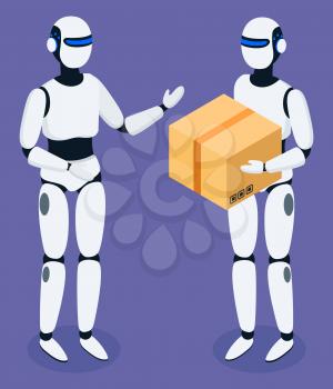 Logistics of future, robots assisting in shipment and delivery services. Robotic courier with parcel for customer of shop. Innovative technologies, transportation of orders. Vector in isometric style