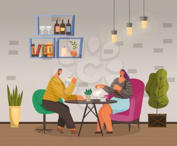 Man and woman drinking tea and talking in cafe. Coffeehouse interior with decor and furniture. Couple or friends enjoying discussion and tasty coffee with flavor. Girlfriend and boyfriend vector