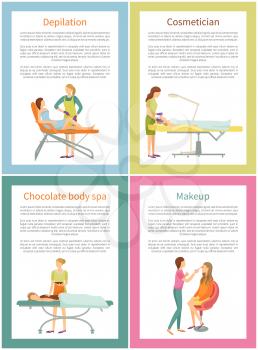Depilation and cosmetician face care posters with editable text sample vector. Hair removal on legs of woman, visage makeup and chocolate procedure