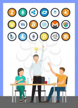Bitcoin currency isolated icons set, idea of male at conference vector. Bitcoindark business solution ripple and ether, monero and dash cryptocurrency
