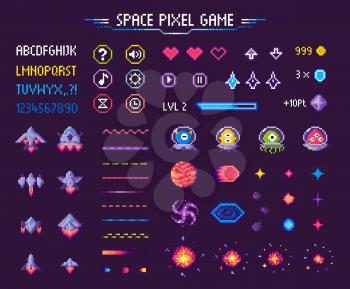 Space pixel game isolated vector icons font and cosmic characters. Arrows and hearts spaceship and aliens stars and planets, score points and meteorite. Arcade games elements. Video platform interface