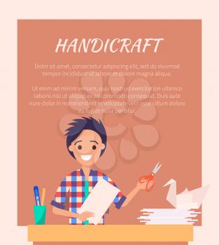 Handicraft banner with man making origami, modeling swan from paper vector illustrations with place for text. Oriental hobby in handmade concept