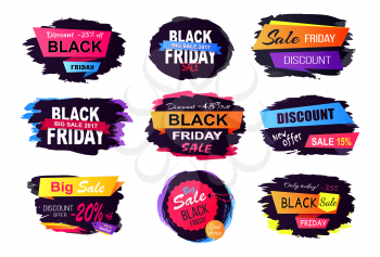 Discount -25 off black Friday, big sale only today, labels with dark background and headline place in centerpiece vector illustration