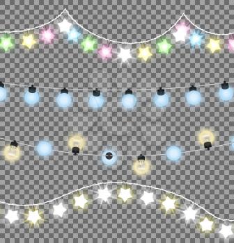 Colorful festive garlands set of four decorations with multicolored shiny lights in wave shapes. Vector illustration on transparent background