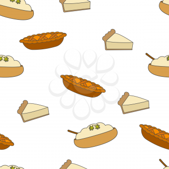 Fresh pastry seamless pattern. Baked apple pie, piece of cake and pudding with herbs flat vector on white background. Traditional homemade baking illustration for wrapping paper, prints on fabric