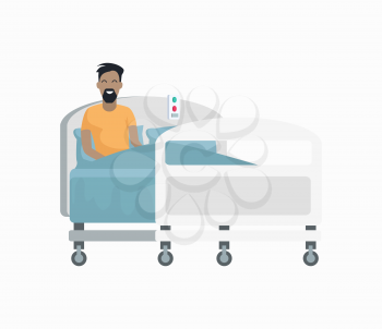 Male patient on hospital bed icon isolated on white background. Vector illustration with man covered with blue blanket sitting on wheeled bed