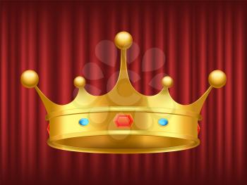 King golden crown on red background. Shiny and luxury headdress of royal person. Coronation ceremony accessory, symbol of power and government vector. Headdress for king or queen