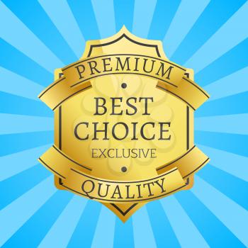 Premium quality exclusive golden label, guarantee sign emblem logotype vector illustration on blue background with rays in flat style design, gold seal
