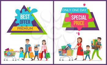Best offer premium, only one day special price, collection of images with family, shown in process of shopping vector illustration isolated on white