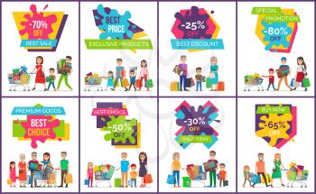 Best sale and exclusive products, premium goods and special promotion, posters collection with customers and stickers vector illustration