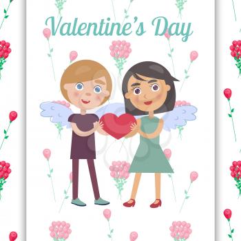 Valentine s Day card with couple in love vector illustration of two happy peoples with angel s wings, holding red heart isolated on floral backdrop