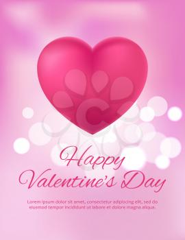 Happy Valentine s Day bright colorful postcard with huge pink heart. Vector illustration with congratulation for lovers on shiny pink background