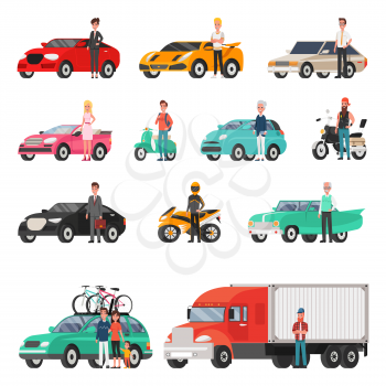 Modern cars and truck with drivers beside set. Sport, classic or family vehicles, happy owners. Convenient transport isolated vector illustrations.