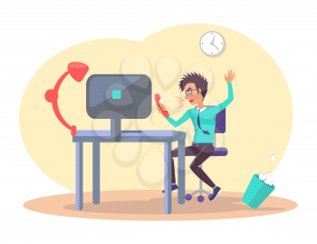 Businessman at office, working and shouting at someone on phone, angry behaviour of stressed employee, having problems at work vector illustration