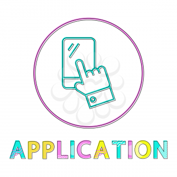 Application for online shop linear icon template. Special app to buy on Internet button outline with smartphone and hand isolated vector illustration.