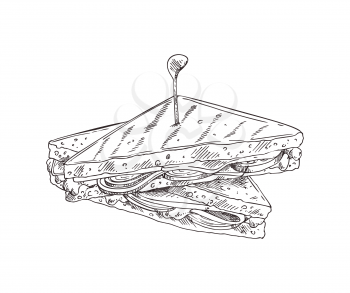 Sandwich monochrome sketch outline icon. Roasted bread with vegetables, salad leaves cheese and meat. Nutrition take away meal vector illustration