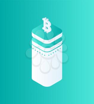 Blockchain technology bitcoin cryptocurrency isolated isometric icon 3d vector. Pedestal made of plates and logo of coin on top. Financial issues