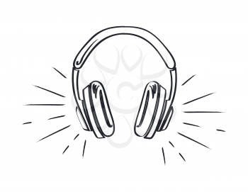 Headphones, headset with music playing loud monochrome sketch outline vector line art. Colorless device, listen to sounds, stereo audio accessory with cable