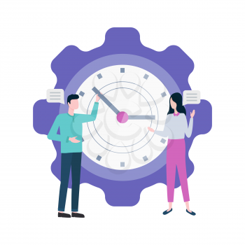 Time management people with big clock vector. Isolated man and woman with watch, timing and planning organization, characters with working plan job