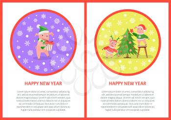 Happy New Year pig pattern colored greeting. Images with holiday presents and snowflakes. Piglets decorating Christmas tree, hanging balls and star