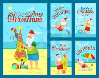 Merry Christmas, Santa Claus and surfing board, Xmas character on summer rest riding on water skis. Vector Saint Nicholas resting on sunbed, swimming with dolphin