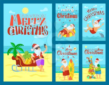 Merry Christmas, Santa Claus and sleigh full of fruits. Vector New Year character in tropical country at coastline, swimming and surfing in sea, decorate umbrella
