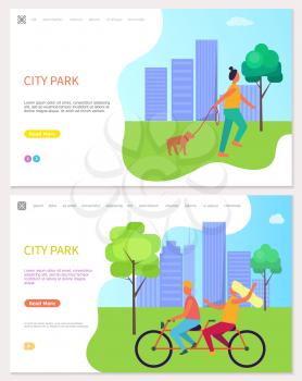Cheerful man and woman in sportwear riding a bicycle near high rise buildings. Walking girl with pet near tree in the city park vector flat illustration