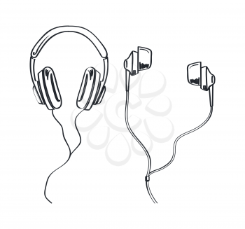 Headphones types, earphones kinds monochrome sketches outline vector line art. Headset with cable and adjustable headband. Listening music device, accessory