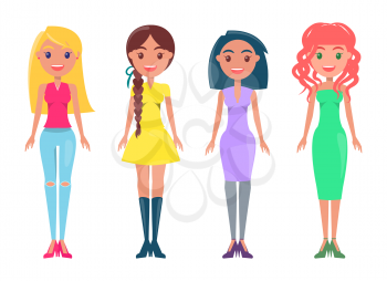 Blonde wears blue jeans, braided girl in yellow dress, purple gown on short haircut woman, redhead lady with elegant green outfit vector characters.
