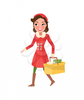 Smiling woman in warm coat, buying presents on Christmas. Girl with color packages, hold cart with presents in hands. Gifts from sale, discounts vector