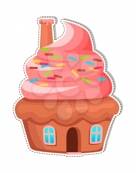 Cupcake house with chimney on creamy roof sticker or icon. Glazed muffin home with colorful candy sprinkles flat vector isolated on white background. Fantastic fairy sweet baked cottage