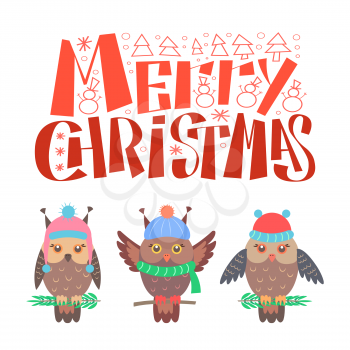 Merry Christmas lettering, bullfinch set sitting on branch in warm winter hat. Wintertime birds in winter cloth, feathered owls vector isolated on white
