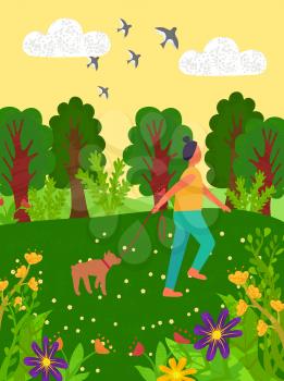Woman with dog on leash vector, person walking with pet and enjoying nature beauty, trees and flowers in bloom, flying swallows summer season walk