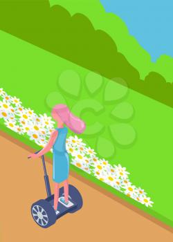 Woman character balancing on hoverboard, back view of female in dress driving electric transport by road, flowers and green plant, modern eco technology vector