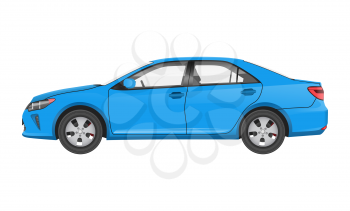 Practical modern car in blue corpus side view. Vehicle that has two doors and transparent windows. Convenient private transport vector illustration.