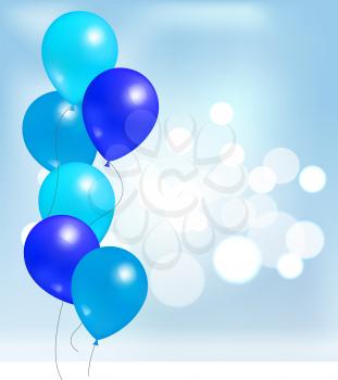 Balloons for party decorations, birthdays and anniversaries, rubber balloon of blue color in inflatable bunch, helium flying elements on blurred backdrop