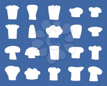Chef hats designs isolated white silhouettes set. Cook headdresses of all shapes. Elegant chef hats cartoon flat vector illustrations collection.