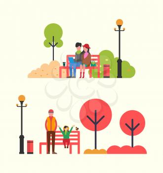 People spending time sitting on red bench in park and family walking near fountain. Woman and man, brother and child, work and rest vector illustration