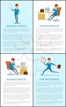 Business strategy and businessman working process vector. Chief executive running with clock, presentation of plans on paper document. Boss in office