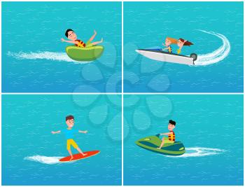 Water transport and fun for teenagers set vector. Floating on surface of sea, motor speed boat and surfboard, jet ski, male driving on fast vessel