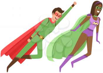 Strong super man and super woman smiles and flies to save world stretched out his hand. Brave character in superhero costume with cloak. Cartoon person hurries to protects people from villains