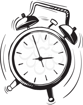 Black and white hand drawn sketch of a classic old-fashioned alarm clock with bells ringing and bouncing around with movement lines