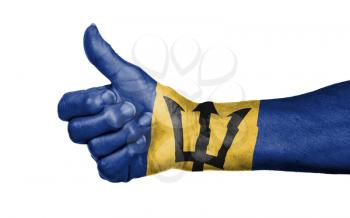 Old woman giving the thumbs up sign, isolated, flag of Barbados