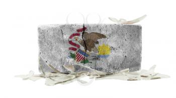 Brick with broken glass, violence concept, flag of Illinois