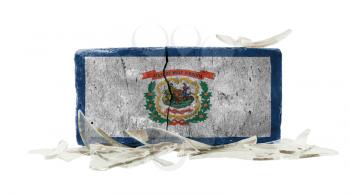 Brick with broken glass, violence concept, flag of West Virginia