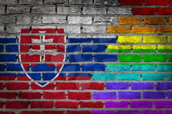 Dark brick wall texture - coutry flag and rainbow flag painted on wall - Slovakia
