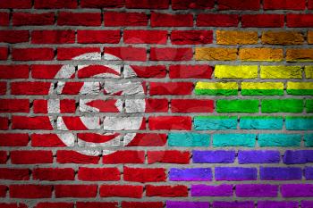 Dark brick wall texture - coutry flag and rainbow flag painted on wall - Tunisia