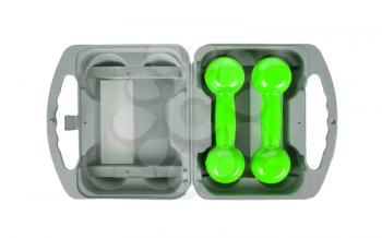 Green dumbbells in a grey case, isolated on white
