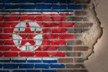 Dark brick wall texture with plaster - flag painted on wall - North Korea